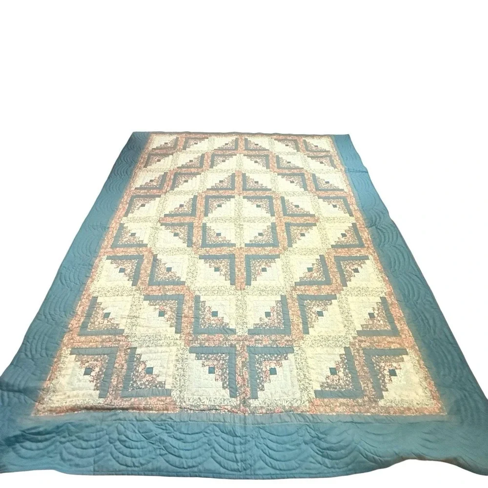 Vtg Log Cabin Quilt 102x86 Queen King Handmade Bedspread Floral Cottagecore